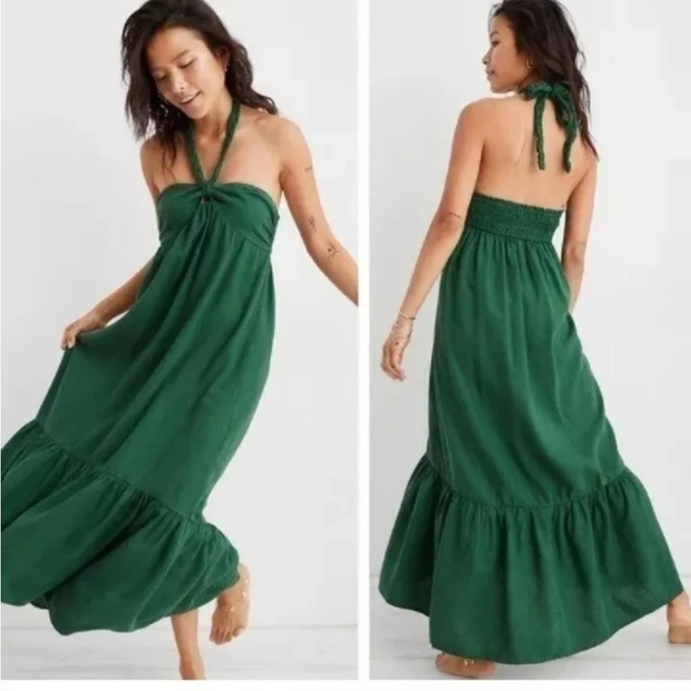 Aerie Green Linen Blend Halter Maxi Dress